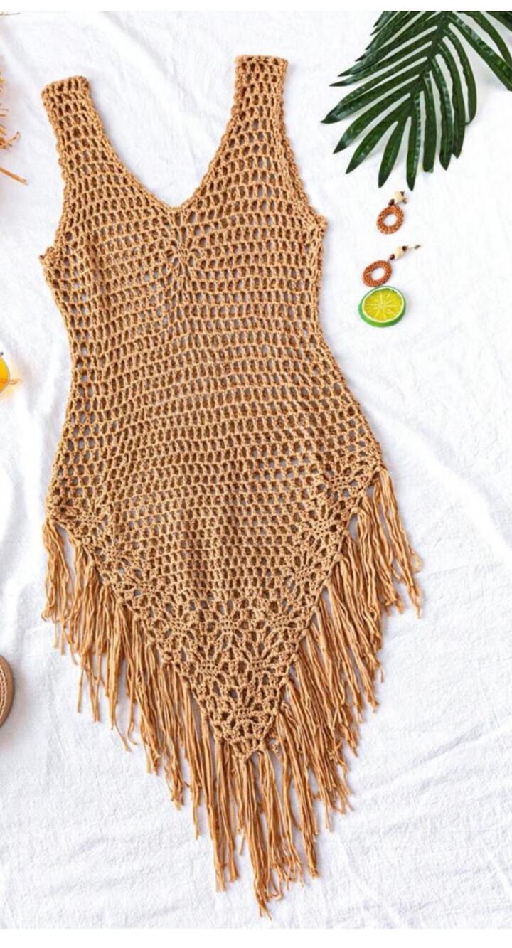 Easel tan crochet fringe cover up Size S